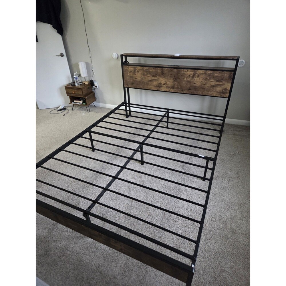 Queen Size Bed Frame with LED Lights, Storage Headboard & Charging Station